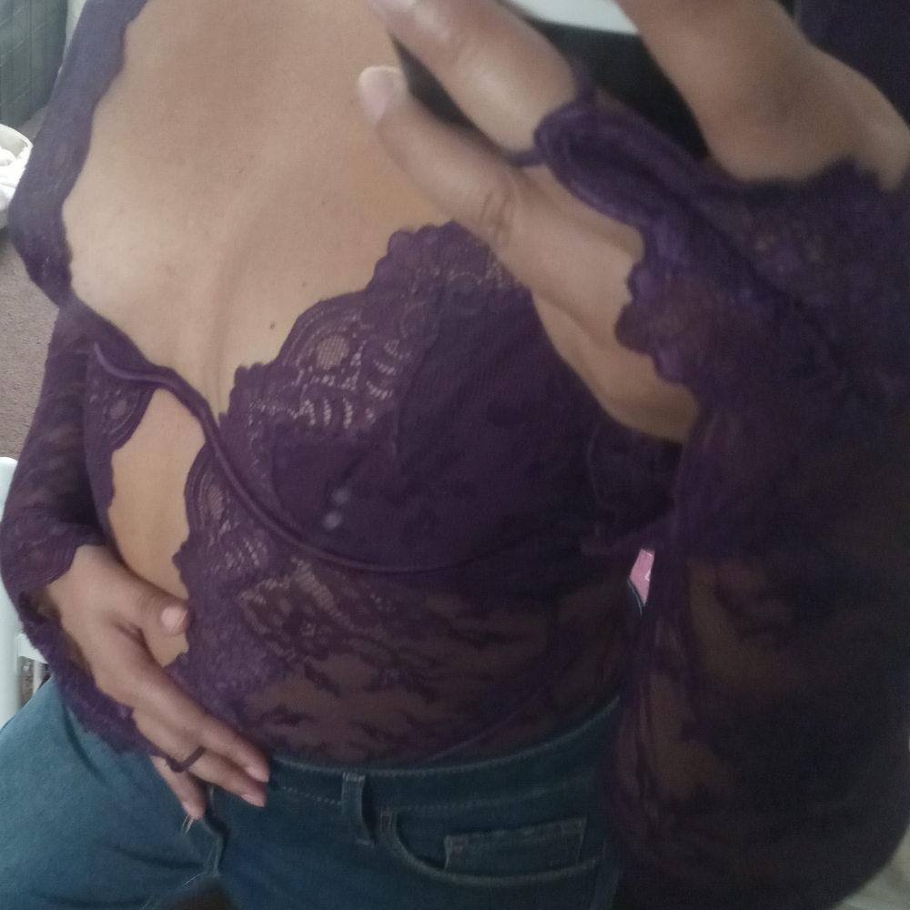 Purple Lace Long Sleeve Thong Bodysuit